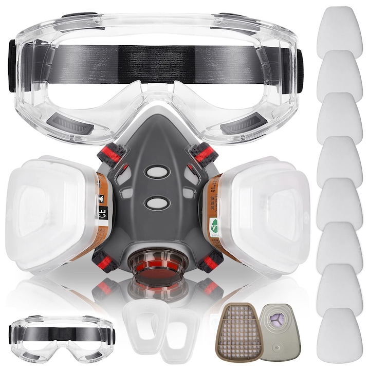 Set 25 Masca de protectie reutilizabila, YOUKUKE®, Cu 2 filtre de carbon activ, 20 filtre din bumbac, Protectie impotriva vaporilor, vopselei si prafului, Ergonomic, Gri/Transparent