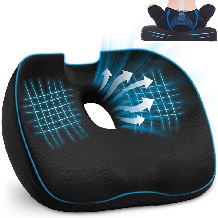 Perna ortopedica sezut, YOUKUKE®, Spuma cu memorie Premium, pentru scaun de birou sau masina, confort, Husa respirabila si antialunecare, zona Lombara, Sciatica, Dureri de sold, Hemoroizi, pana la 120 kg, 43 cm Negru