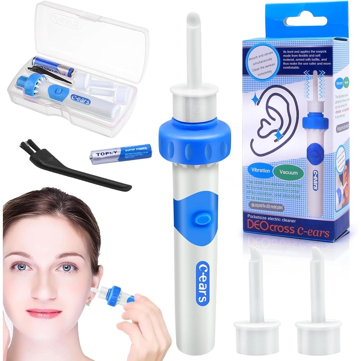 Aspirator ceara urechi, YOUKUKE®, vibreaza usor si aspira particule de murdarie, usor, compact si usor de utilizat, Cu 2 capete de schimb lavabile