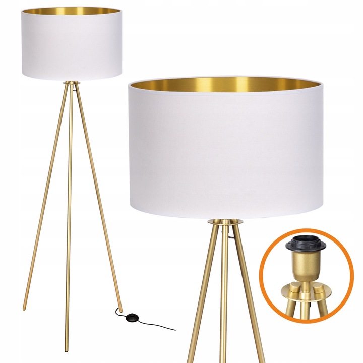 Lampa de podea LED Cerlux Trigni, tip trepied, alb-auriu, 136cm, abajur 40cm