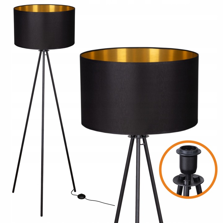 Lampa de podea Cerlux 136 cm, abajur 40 cm, negru-auriu, metalic