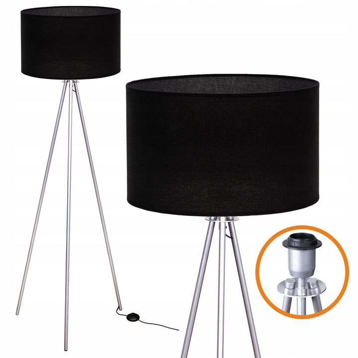 Lampa de podea Cerlux Trigni, argintie, abajur negru, 136 cm, design tip trepied