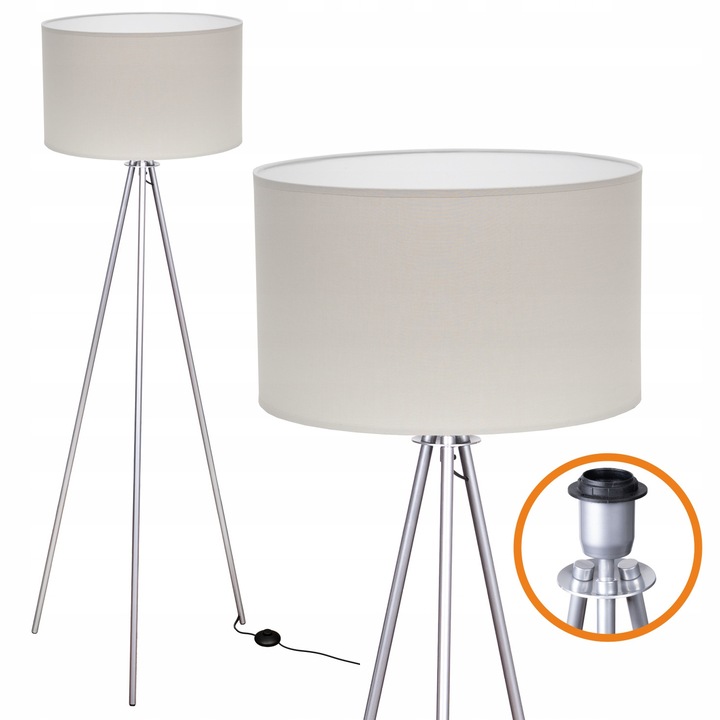 Lampa de podea Cerlux Trigni, 136cm, abajur gri deschis 40cm, baza argintie, tip trepied