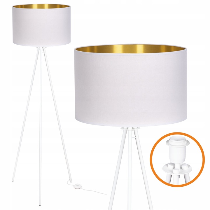 Lampa de podea Cerlux TRIGNI, alb-auriu, 136cm, abajur premium, diametru 40cm