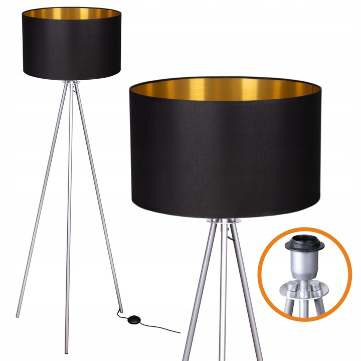 Lampa de podea Cerlux TRIGNI, 136 cm, argintie, abajur negru-auriu