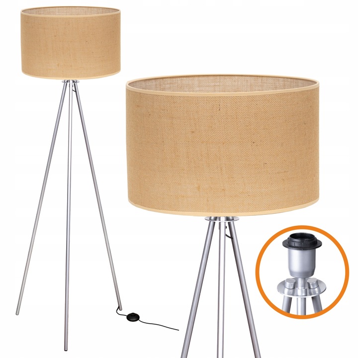 Lampa de podea Cerlux, baza argintie, abajur iuta naturala, 40cm diametru, 136cm inaltime