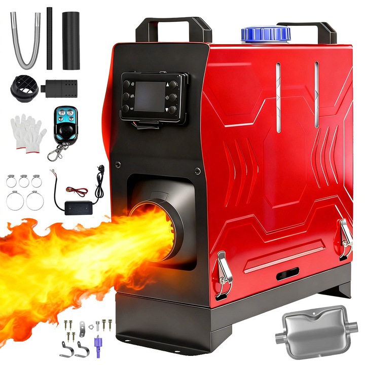 Incalzitor de aer diesel, Incalzire stationare YOUKUKE, Sirocou portabil diesel, cu amortizor de zgomot, 8KW, 12V/24V/220V, Motor Diesel, Bluetooth Control via the app, Telecomanda 20m, Auto/Rulota, Rosu