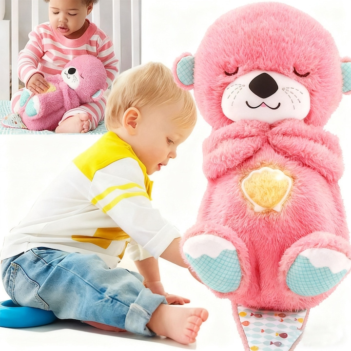 Interaktív Plüssjáték, Nyugtató Vidra – Kellemes Fény, Alvásjavító Funkció, Fények és Légzési Mozgás, Újszülötteknek 0+ Hónap, Ideális a Baba Nyugtatására, YOUKUKE, RÓZSASZÍN