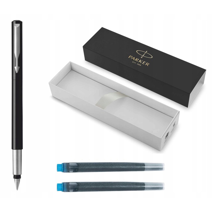 Parker Vector toll, ajándékszett, fekete, rozsdamentes acél, 2 kék patron