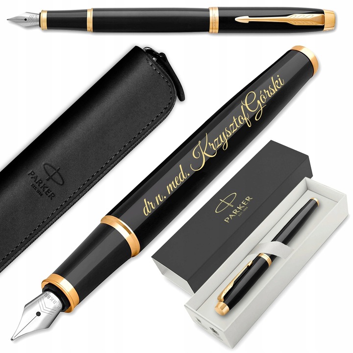 Parker IM Fekete GT toll, sárgaréz test, 23K aranyozott kiegészítők, díszdobozos szett, eredeti doboz, ajándéktáska, kék patron