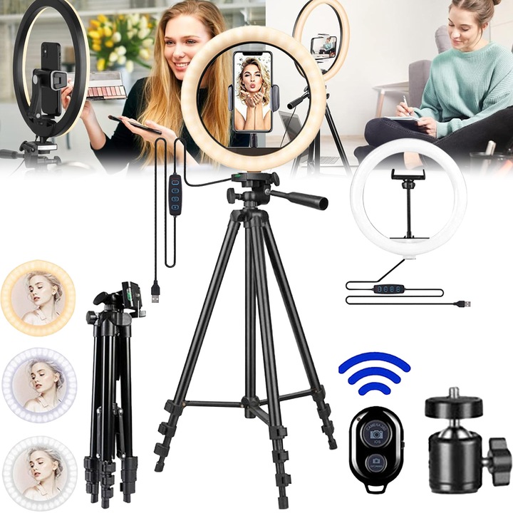 Trepied foto telescopic premium profesional, pentru telefon/camera foto, rotatie 360°, 5 reglaje in Inaltime, cu lampa circulara Ring Light, 10inch LED, conectare USB, 3 moduri de lumina, 10 trepte reglaj, suport telefon Pentru trepied, aluminiu, negru
