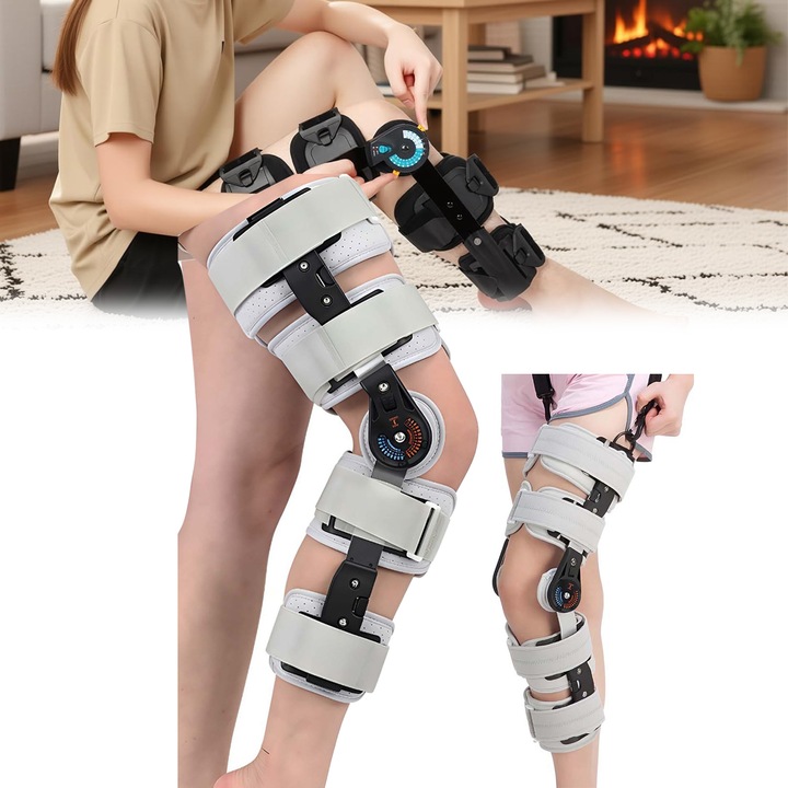 Suport Ortopedic Pentru Genunchi, Fixator Chirurgical Regulabil Pentru Leziunile ACL, PCL si MCL, Suport Ortopedic Pentru Genunchii Medicali, Stabilizator de Picioare pentru Barbati si Femei (alba)