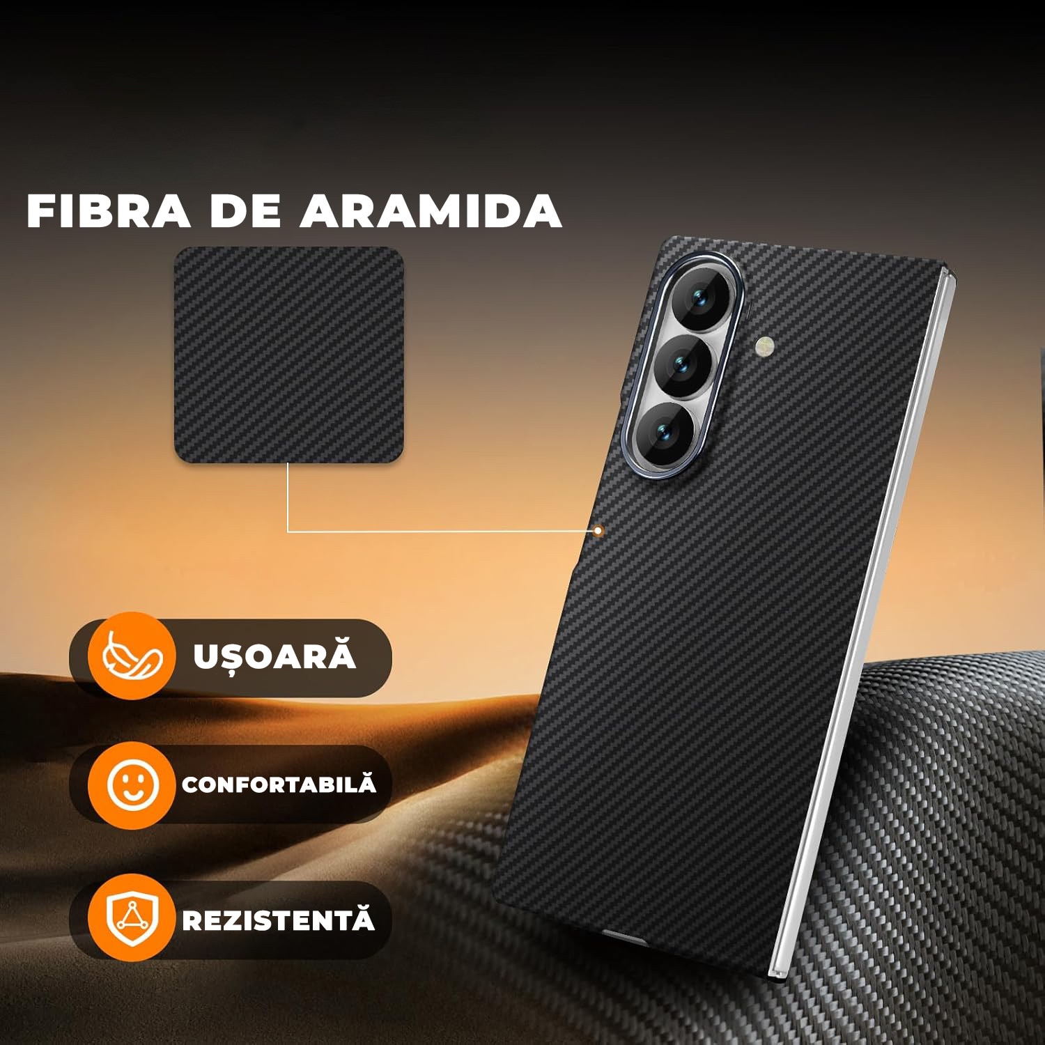 Husa pentru Samsung Z Fold 7 din fibra de aramida/kevlar Daden®, Magsafe intergrat, Protectie Antisoc, Camera Ultra Safe, Negru