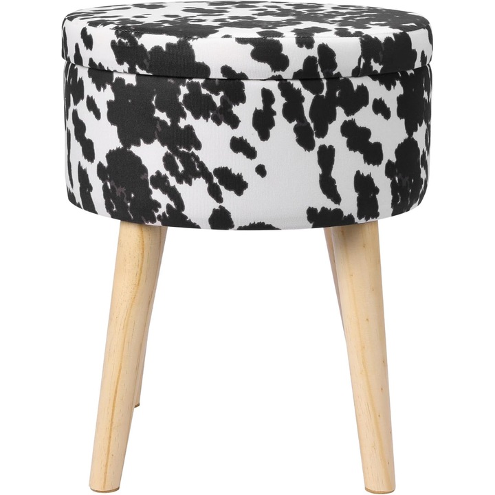 Taburet cu spațiu de depozitare Navaris, catifea, imprimeu animal, Alb/Negru, 42x35cm
