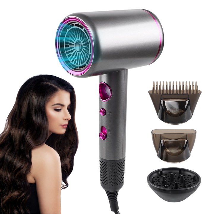 Професионален Сешоар 2000W, ProudAnka, Мотор 40.000 RPM, 3 Степени на Топлина, 3 Скорости, Двоен Филтър, 3 Включени Накрайника, Включен Дифузер, Прецизен Контрол и Стилизиране, Сив