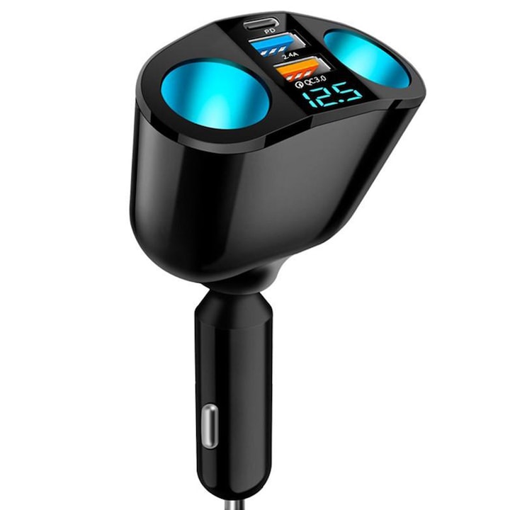 Adaptor Auto 120W cu 2 Prize 12V, USB si USB-C – Incarcare Rapida, Afisaj Voltaj LED, Protectie Avansata, Ideal pentru Telefon, Tableta, Laptop si Dispozitive Auto, Negru