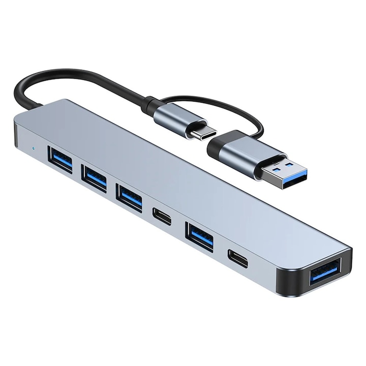 Адаптер Hub Multiport 7 в 1 USB, DEISNGB®, Тип C / 1*USB C / 4*USB 2.0 / 1*USB 3.0 Докинг станция за лаптоп, MacBook Air/Pro, Chromebook, Таблет, Сив