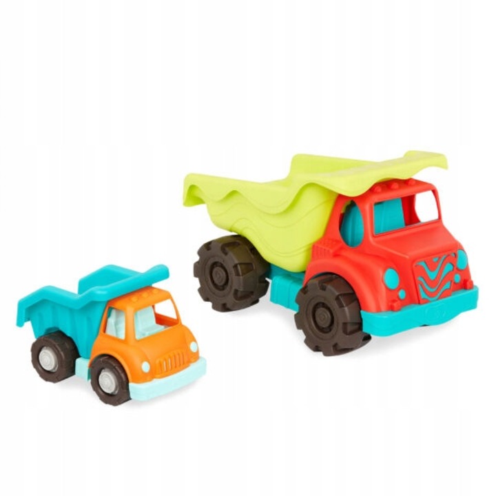 Set 2 Camioane Dumper B.Toys, Mare si Mic, Plastic Rezistent, 50x28cm