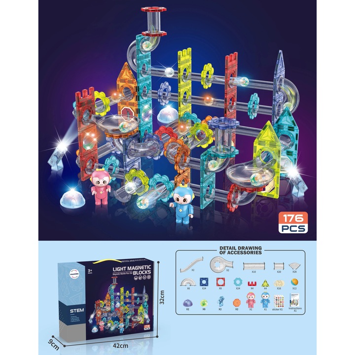 Mamido Комплект магнитни светещи части за изграждане на писта с топчета 176 части XL