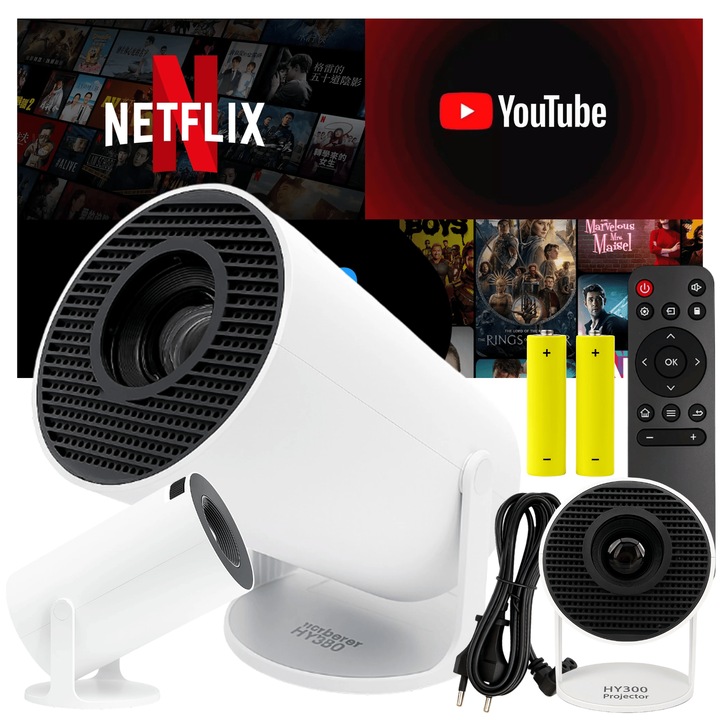 Videoproiector Portabil LED Smart Cu Android 12 Si Bluetooth, Rezolutie Nativa HD 720p, Luminozitate 200 ANSI Lumeni, Rotire 180°, Wi-Fi, HDMI, USB, Difuzor 3W, Focalizare Manuala, Durata LED 30.000h, Telecomanda Si 2 Baterii AAA Gratuite Incluse