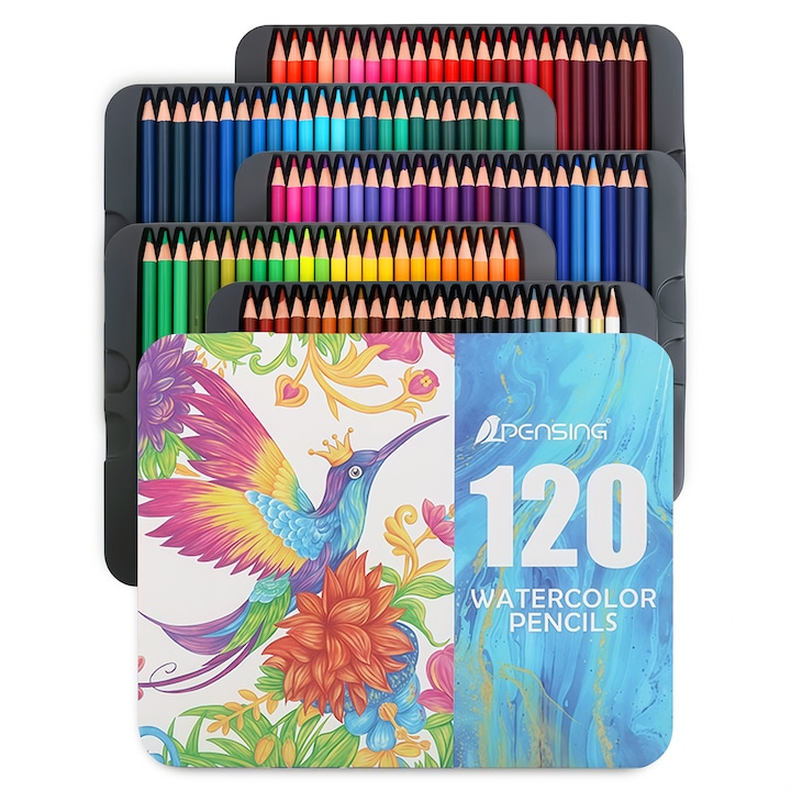 Set de creioane colorate pentru, Wacorresi®, Creioane colorate, 120 de culor, solubile in apa, cutie rezistenta din metal, Desen, Arta, Multicolor