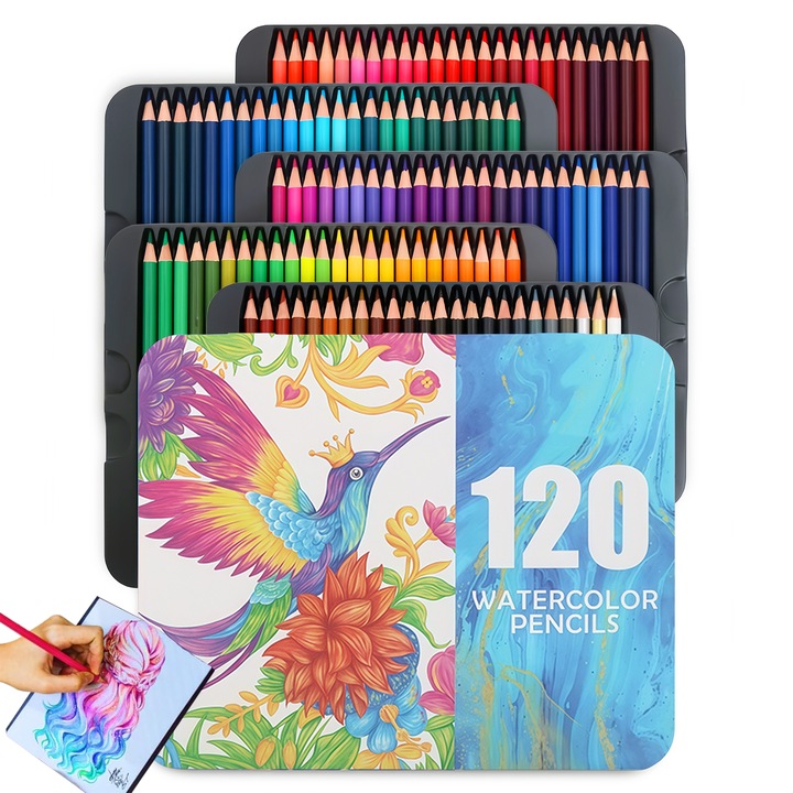 Set de creioane colorate pentru, Wacorresi®, Creioane colorate, 120 de culor, solubile in apa, cutie rezistenta din metal, Desen, Arta, Multicolor