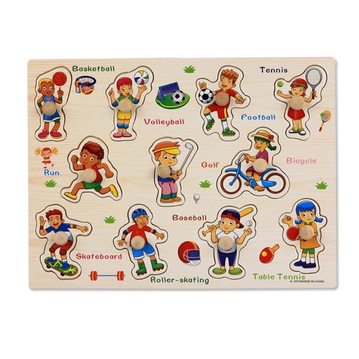 Puzzle educativ din lemn – Actvitati sportive, 11 piese Montessori, multicolor, vopsea non-toxica, copii 3ani+
