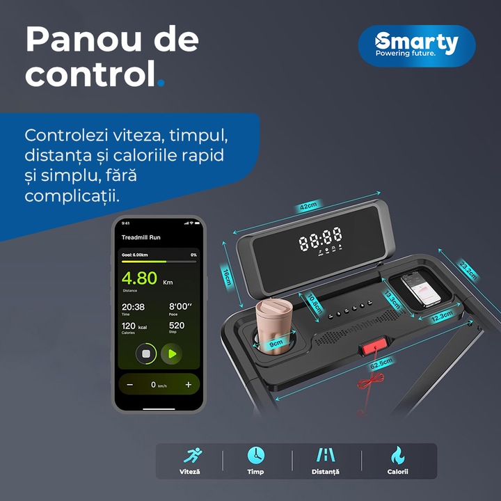 Banda de alergare electrica Smarty® MobV Home Ultra, Display LED, greutate maxima 120KG, 12 trepte de viteza (12 km/h), motor 2.5cp, suprafata alergare 102x42 cm, inclinare manuala 0-6%, aplicatie mobila, difuzoare integrate, Negru