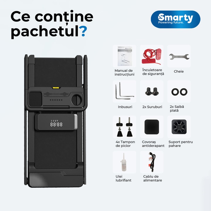 Banda de alergare electrica Smarty® MobV Home Ultra, Display LED, greutate maxima 120KG, 12 trepte de viteza (12 km/h), motor 2.5cp, suprafata alergare 102x42 cm, inclinare manuala 0-6%, aplicatie mobila, difuzoare integrate, Negru