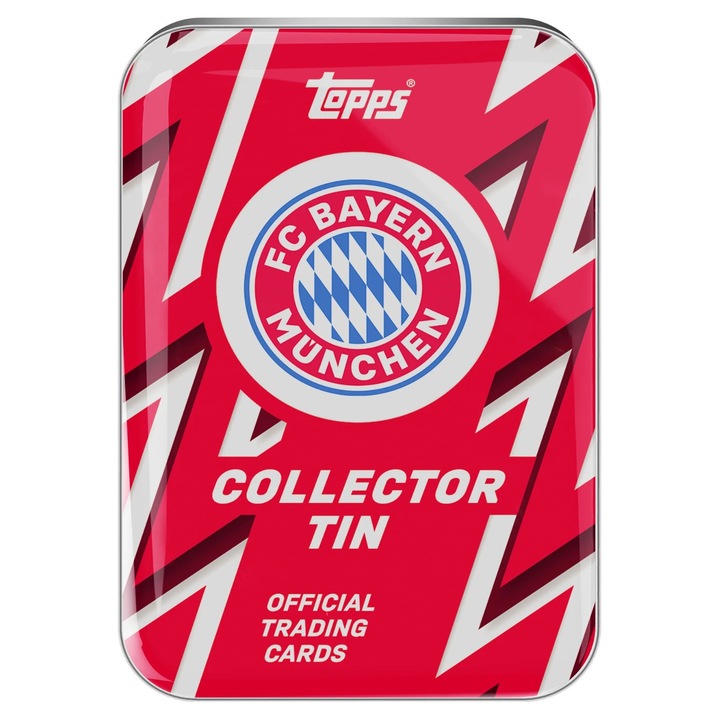 Set Carduri Fotbal Topps 2025-26 Topps FC Bayern Munchen Collector TIN 35 de carduri / pachet, 1 pachet / cutie 2 paralele numerotate secvential/ cutie 3 carduri editie limitata/cutie