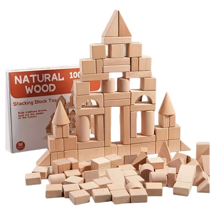 Természetes fa építőkocka készlet, 100 darabos, Oktató, Rakásolható játék 3+ éves gyerekeknek, Bükkfa (100 darab bükkfa építőkocka)