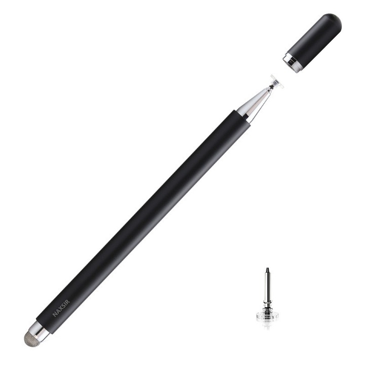 Stylus Pen Universal NAXSIR pentru Tablete/Telefoane, 2 Varfuri (1 Rezerva), Precizie Ridicata, Compatibil Ecrane Capacitive, Negru
