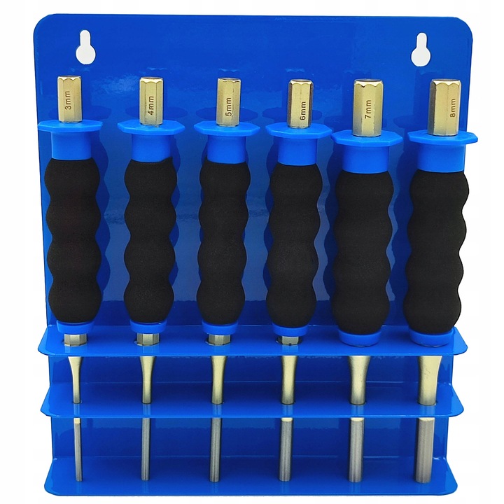 Set 6 Punctatoare/Vibrocheie 3-8mm cu Maner Ergonomic, Suport Metalic, Albastru, 180mm