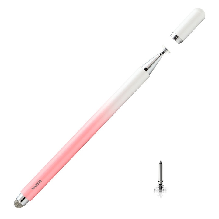 Stylus Pen Universal NAXSIR pentru Tablete/Telefoane, 2 Varfuri (1 Rezerva), Precizie Ridicata, Compatibil Ecrane Capacitive, Roz/Alb