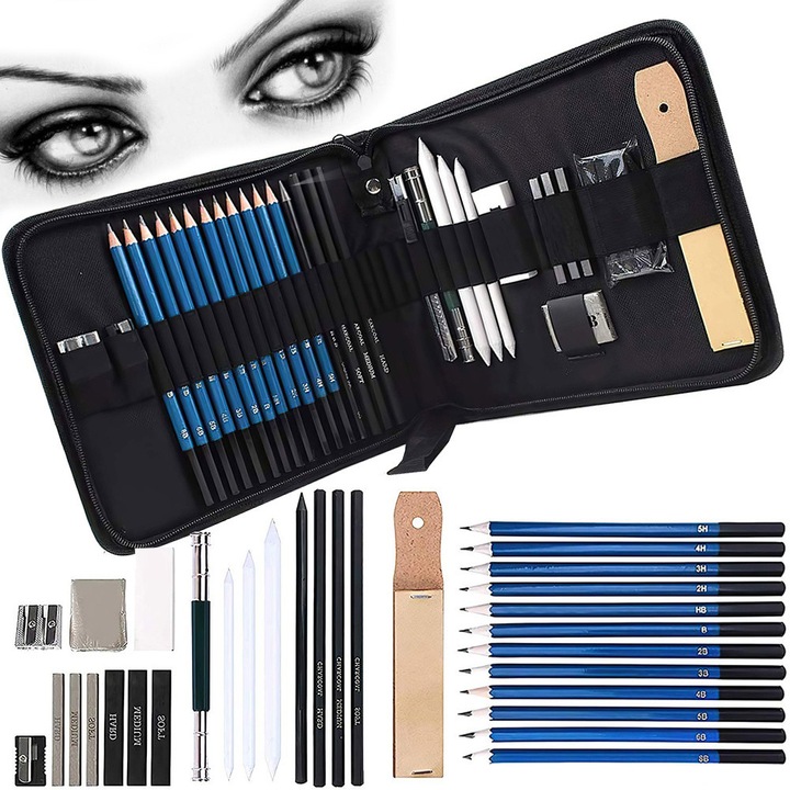 Set profesional de desen 32in1 cu creioane carbon grafit si accesorii pentru schita si umbre cu husa portabila negru