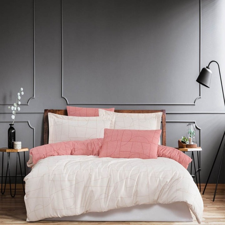 Dupla ágynemű, 100% luxus szatén pamut, 240x260 cm, 6 részes, Class Home Collection, Nordic Kirmizi Roz/Krémszínű