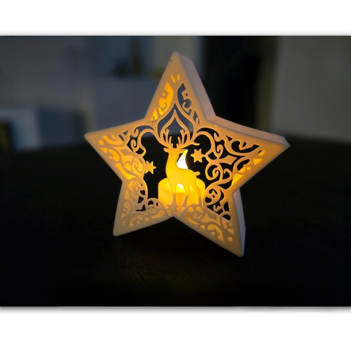 Lampa decorativa 3D "Fairytale Deer Star", lampa de masa, cadou elegant, 16x17.5 cm, alb