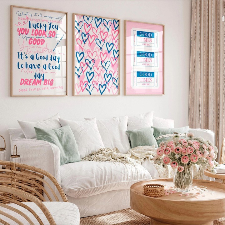 Set de 3 Postere Roz, Arta Murala Motivationala, Imprimeuri Dragute cu Inimi si Decor cu Bilet de Vremuri Bune, Postere Estetice Inspiratoare pe Panza pentru Dormitorul Fetitelor Adolescente 30x40cm