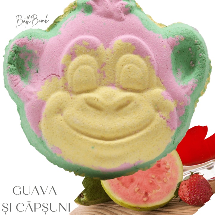 Bomba de baie pentru copii in forma deMaimutica – aroma dulce de Guava si Capsuni, cu unt de shea si uleiuri naturale – spumanta, sigura si distractiva pentru pielea delicata – cadoul perfect pentru baie parfumata si relaxanta