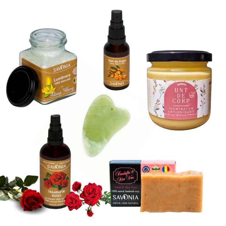 Пакет Моят Момент на Глезене, Savonia, пълен комплект за жени, натурален сапун Рози и Алое Вера 90г, масло за тяло 160г, флорална вода от рози 100мл, арганово масло 30мл, свещ Иланг-Иланг 200г, камък Гуа Ша 7см