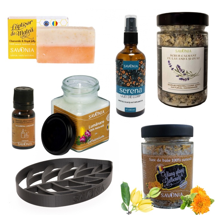 Комплект Мини Спа за Вечер Savonia, Натурален Сапун Лайка 90гр, Сол за Вана Иланг Иланг 350гр, Скраб Лавандула 250гр, Олио за Тяло 100мл, Натурална Свещ 200гр