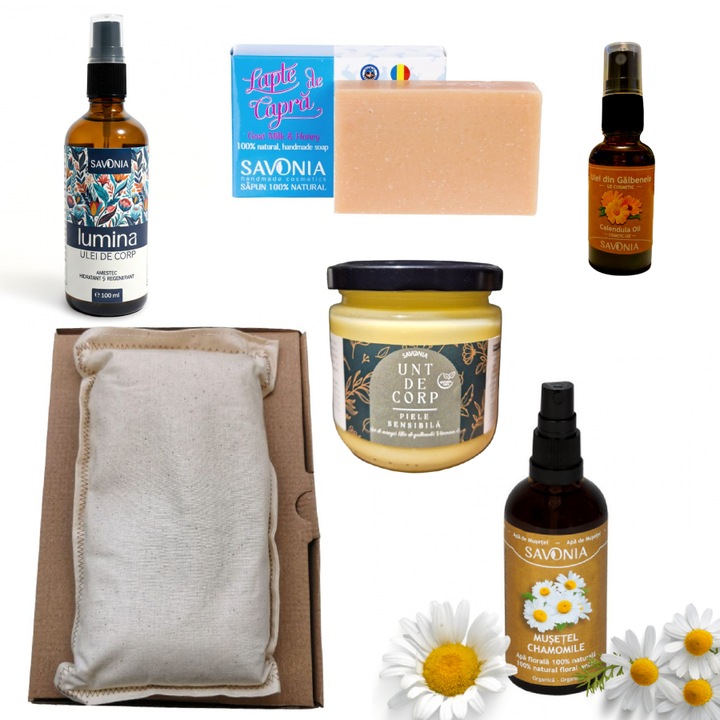 Комплект Ритуал Чувствителна Кожа, Savonia, Натурален Сапун Козе Мляко 90гр, Олио за Тяло 100мл, Флорална Вода от Лайка 100мл, Масло за Тяло 160гр