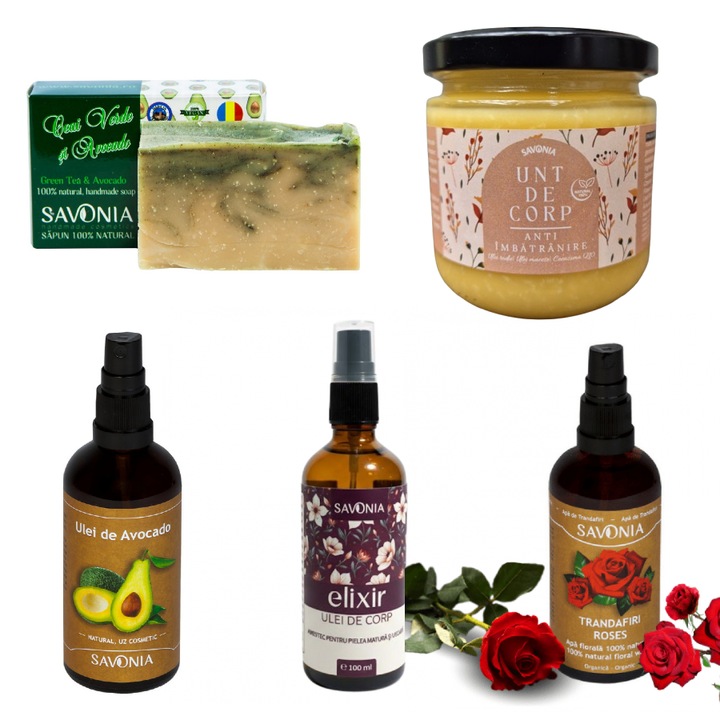 Комплект ритуал против стареене Savonia за суха кожа, натурален сапун със зелен чай и авокадо 90 гр, масло от авокадо 100 мл, еликсир 100 мл, масло за тяло 160 гр, флорална вода от рози 100 мл
