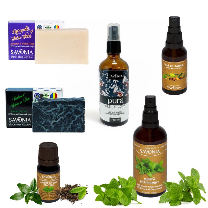 Комплект ритуал против омазняване Savonia, Натурален сапун с въглен 90гр, Натурален сапун с лавандула 90гр, Етерично масло от чаено дърво 10мл, Флорална вода от мента 100мл, Масло за тяло Pura 100мл, Масло от жожоба 30мл