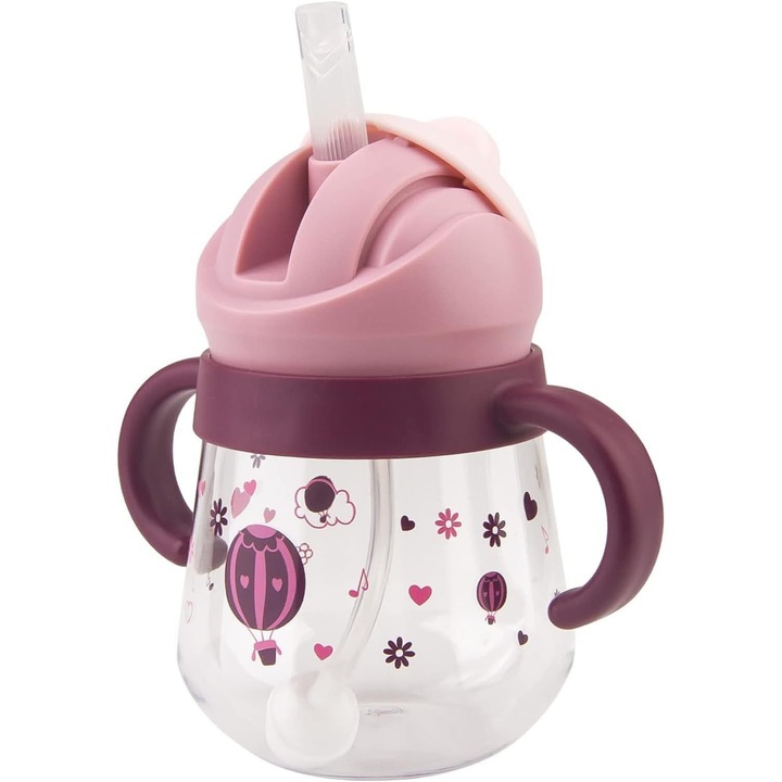 Szívószálas itatópohár, 260 ml, lila, fogantyúval, szivárgásmentes, 6-12 hónapos babáknak