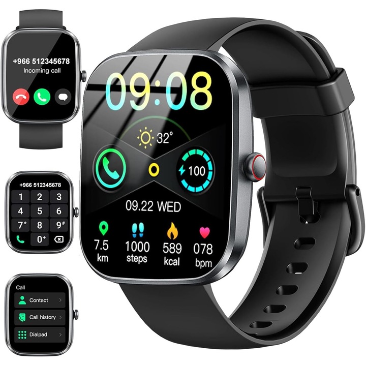 Смарт часовник 1.91 инча, монитор за сърдечен ритъм/сън/SpO2, фитнес тракер със 110 спортни режима, водоустойчив IP68, комплект за мъже и жени, черен
