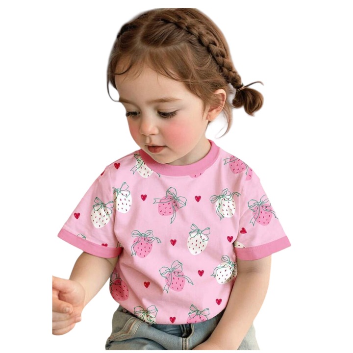 Lány póló, rózsaszín, eper mintás, 6 éves