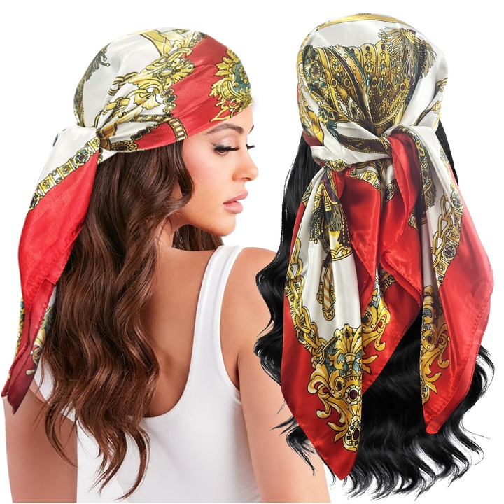 Bandana patrata dama, roșie, 88x88cm, stil matase