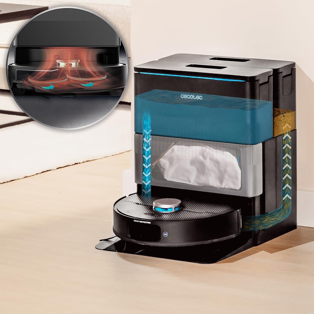 Aspirator robot Cecotec Conga X70 Spin cu baza de auto-golire si motor de aspirare IA Conga X70 Spin, 15.000 Pa, baza 4-in-1, tehnologie laser, mopuri rotative, perie laterala, control prin aplicatie si Bluetooth