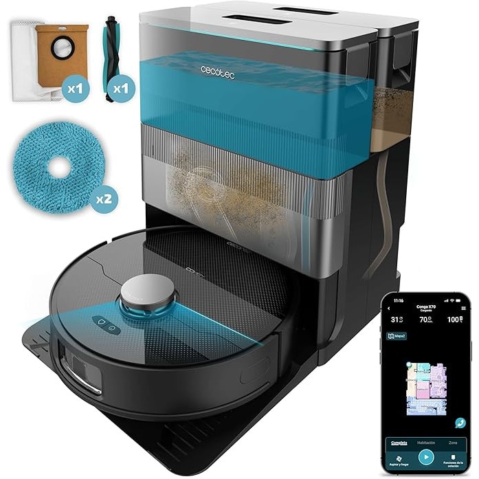Aspirator robot Cecotec Conga X70 Spin cu baza de auto-golire si motor de aspirare IA Conga X70 Spin, 15.000 Pa, baza 4-in-1, tehnologie laser, mopuri rotative, perie laterala, control prin aplicatie si Bluetooth